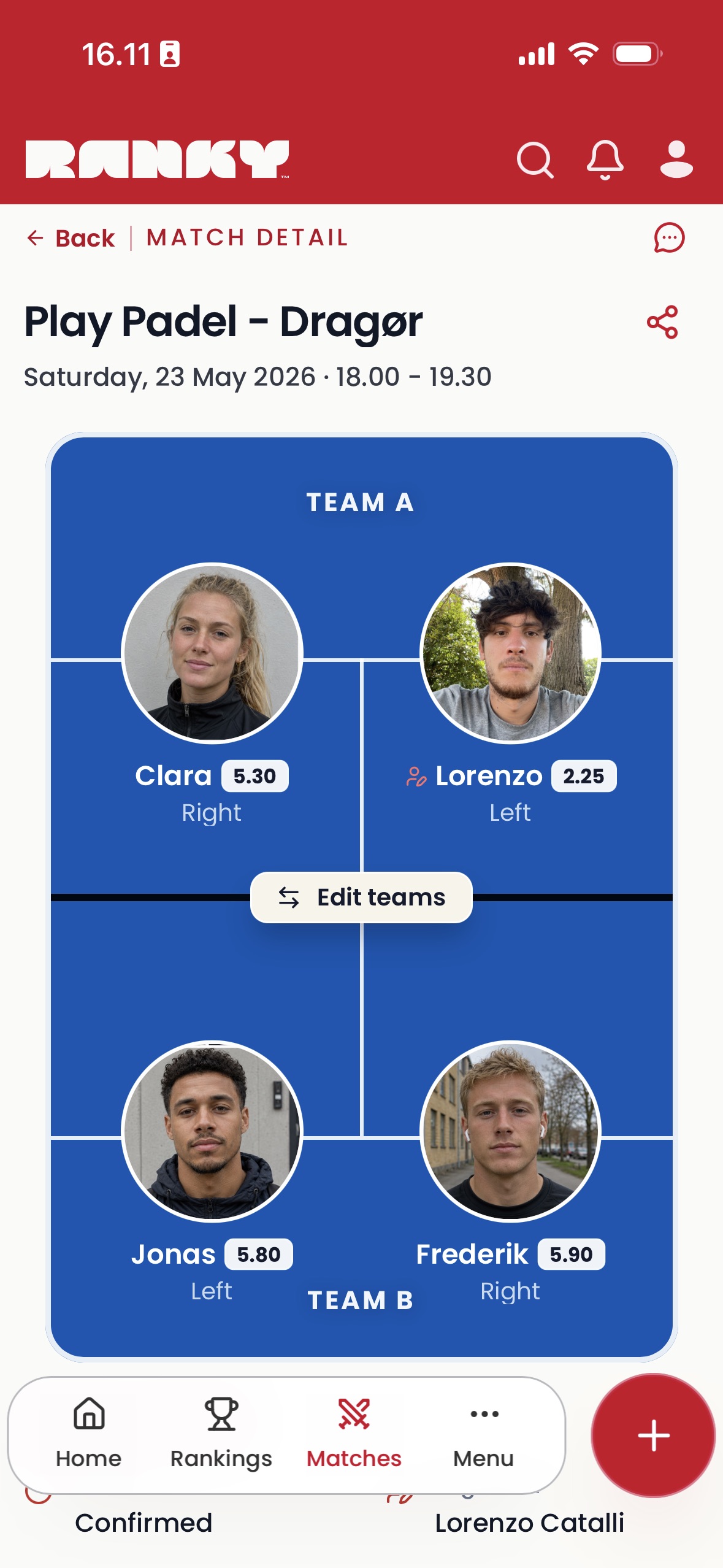 Ranky match detail showing players on the court